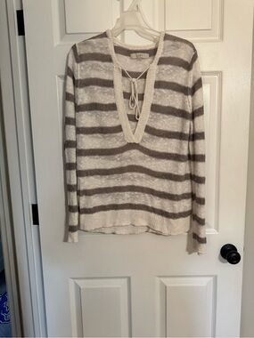 LOFT Striped Tie-Front Linen V-Neck Sweater - Cream & Taupe